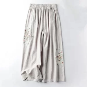 Summer Cotton Linen Cropped Pants Women Casual Thin Vintage Ethnic Bottom Embroidered Wide Leg Pants Woman Clothes Trousers